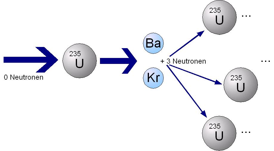Prinzip der Kettenreaktion beim Kernspaltungsprozess in einem Leichtwasser-Reaktor: Ein Neutron trifft auf einen Uran-235-Kern und lagert sich dort an. Es entsteht das instabile Isotop Uran-236, was kurz darauf in Spaltprodukte mit leichteren Kernen und zwei bis drei Neutronen unter hoher Energieabgabe zerfällt. Damit eine kontrollierte Kettenreaktion in einem Kraftwerksreaktor möglich wird, müssen die freiwerdenden Neutronen durch einen Moderator (in deutschen Kraftwerken: Wasser) gebremst werden. Prinzip der Kettenreaktion beim Kernspaltungsprozess in einem Leichtwasser-Reaktor: Ein Neutron trifft auf einen Uran-235-Kern und lagert sich dort an. Es entsteht das instabile Isotop Uran-236, was kurz darauf in Spaltprodukte mit leichteren Kernen und zwei bis drei Neutronen unter hoher Energieabgabe zerfällt. Damit eine kontrollierte Kettenreaktion in einem Kraftwerksreaktor möglich wird, müssen die freiwerdenden Neutronen durch einen Moderator (in deutschen Kraftwerken: Wasser) gebremst werden.