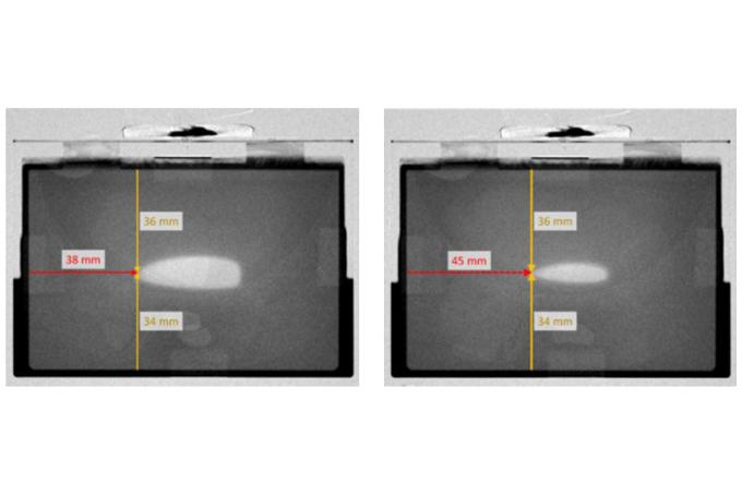 Füllung einer Lithiumionen-Zelle unter Vakuum: Die Benetzung der Elektrode (dunkler Bereich) schreitet von allen Seiten gleichmäßig voran. Links: nach 33 Min, rechts nach 41 Min. Nach ca. 50 Min. ist die Elektrode vollstaendig benetzt. Foto: Wolfgang Weydanz / Bosch / TUM